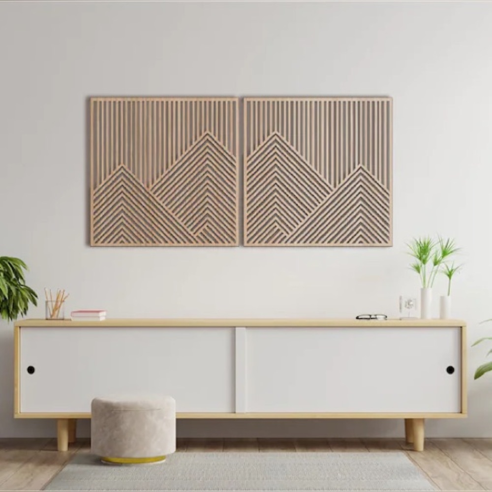 Wood wall art. Mountains with lines panel set of 2
